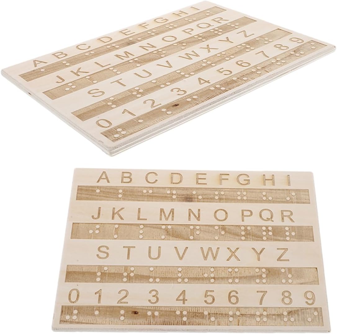 2 Pcs Wooden Braille Letter Board with Raised Dots Braille Teaching Tool for Beginners Solid Alphabet and Learning Aid for Blind and Visually Impaired Students