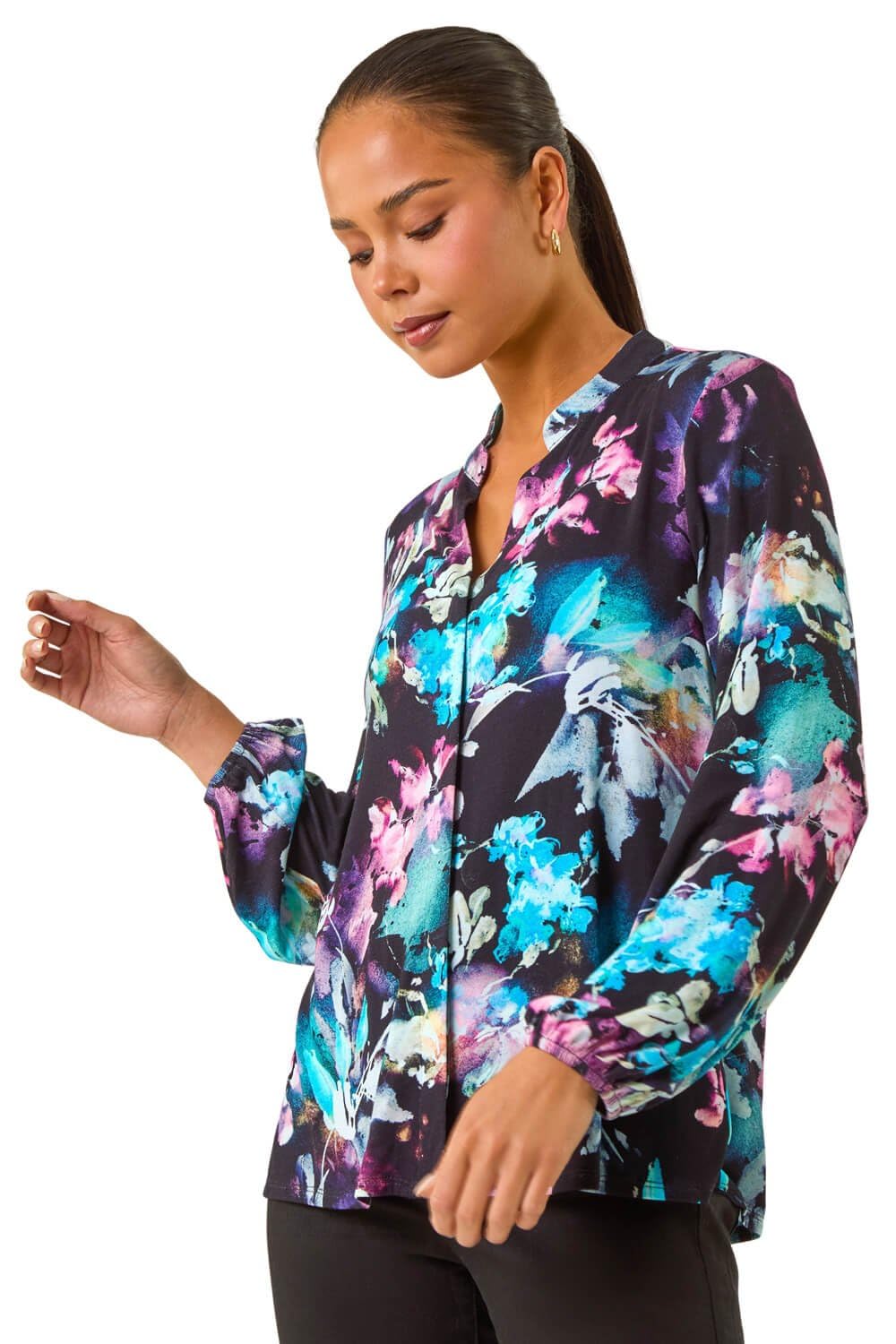 Roman Petite Women's Navy Floral Button Up Blouse Size 14