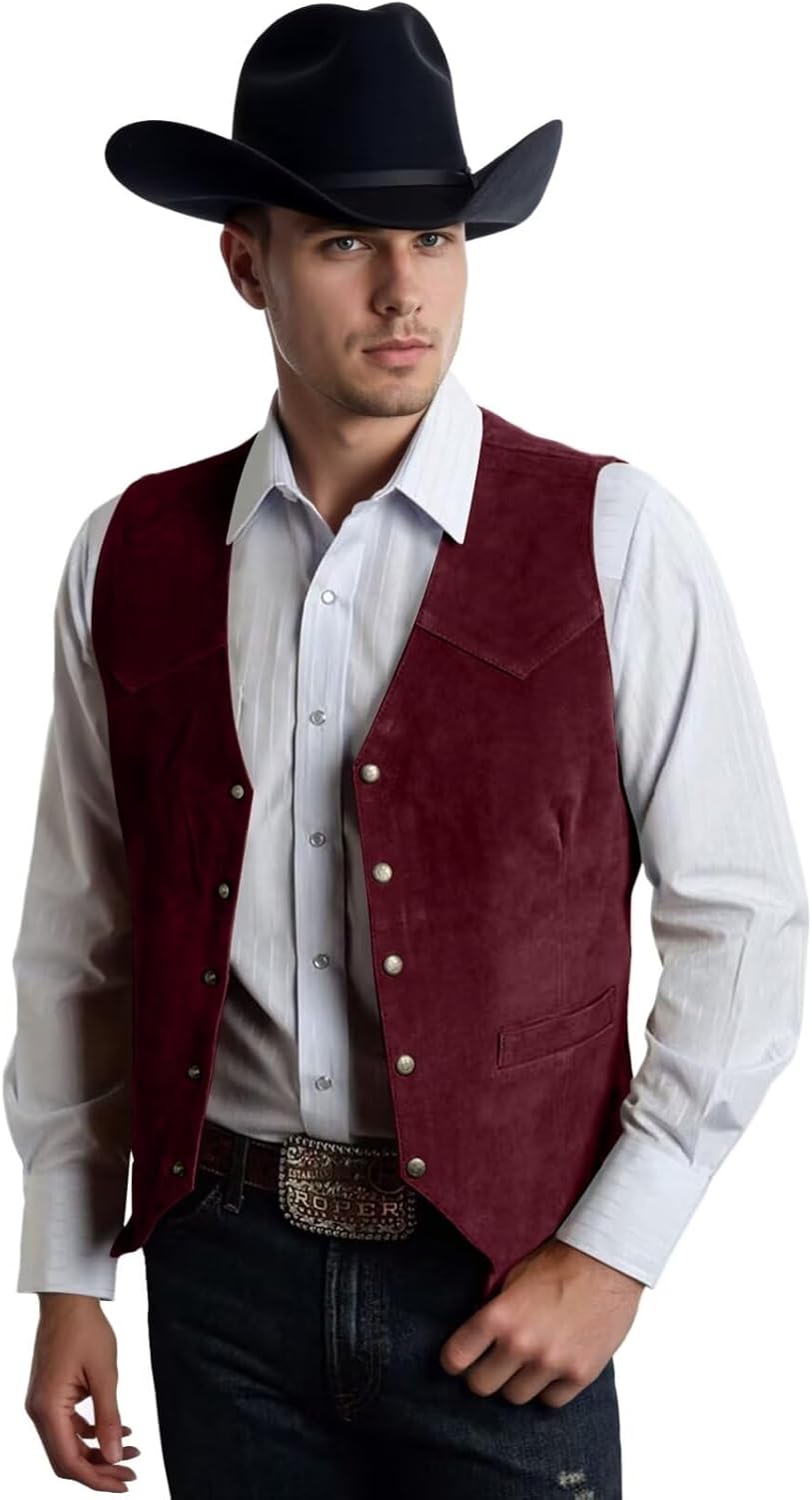 Mens Vests Western Cowboy Suede Leather Vest Casual Waistcoat Slim Fit
