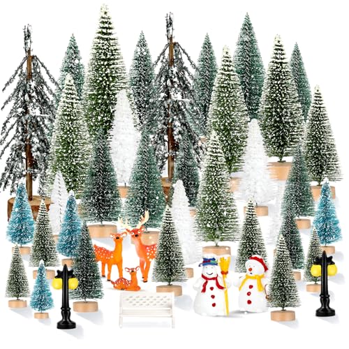 ONESING 30 Pcs Christmas Accessories - Bottle Brush Trees, Bench, Pathway Light, Miniature Village Sets for Home Indoor Holiday Party Decorations