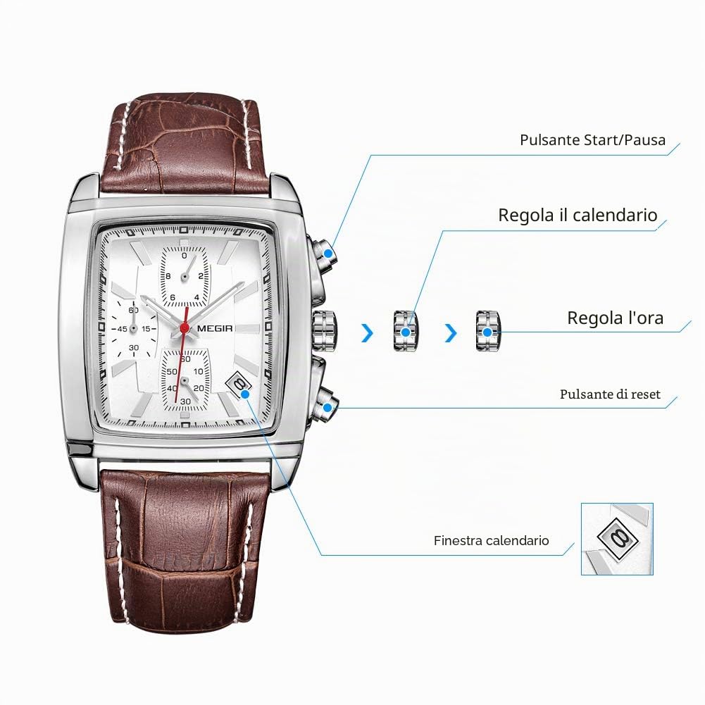 MEGIR, Orologio con cronografo, analogico, da uomo, al quarzo, luminoso, rettangolare, con elegante cinturino in pelle, per sport e lavoro