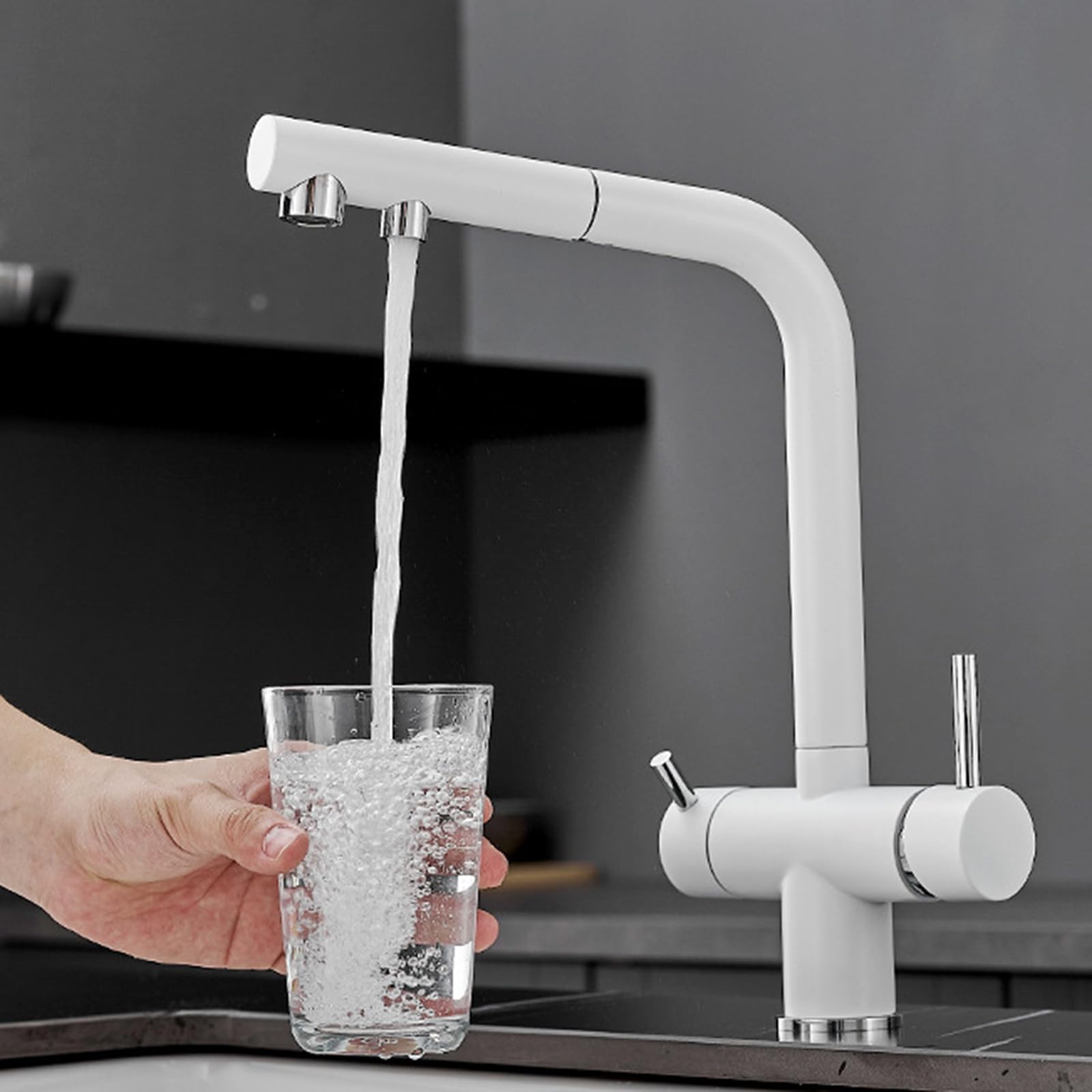 Miscelatore Cucina 3 Vie Estraibile Bianco Rubinetto Lavello Cucina 3 Vie per Depuratore Ottone-Bianco
