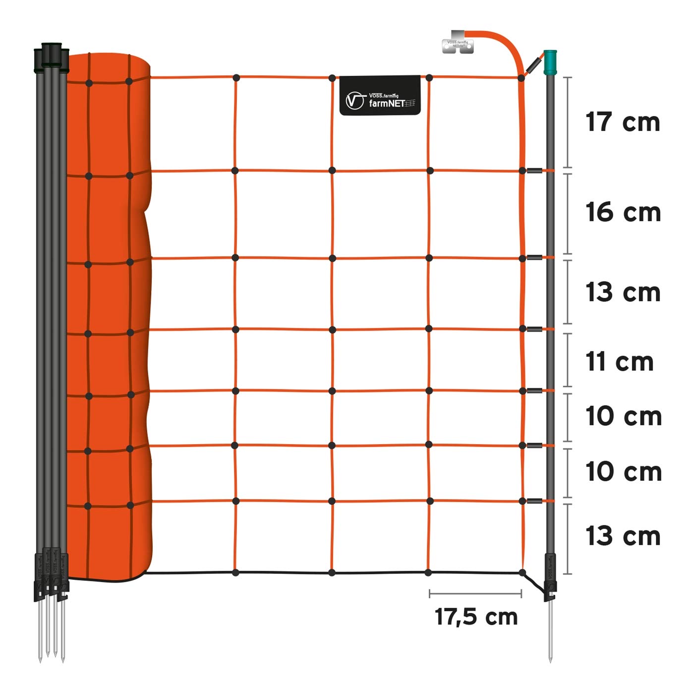 VOSS.farming Premium siatka elektryczna 90 cm farmNET 50 m ogrodzenie owiec koziego siatka 14 słupków 1 szpic pomarańczowy
