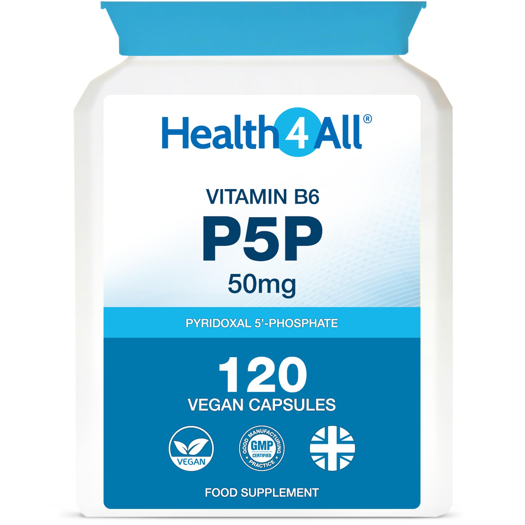 P5P 50mg 120 Capsules 4 Month Supply, Biologically Active Vitamin B6 P-5-P Pyridoxal 5'-Phosphate with Magnesium Citrate for Tiredness & Fatigue, Vegan VitB6 Supplement | Made in UK