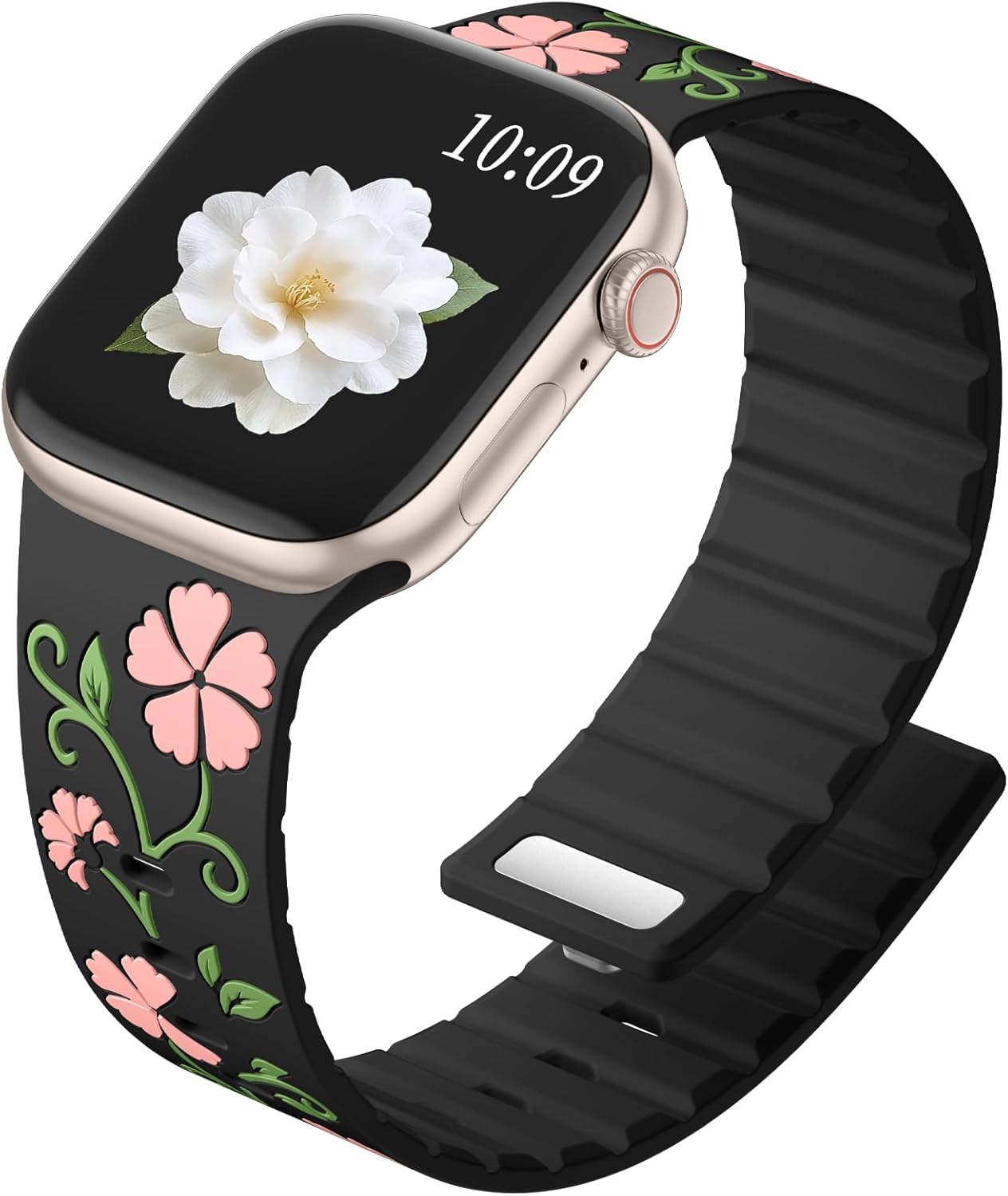 Easuny Magnetic Floral Band Compatible with Apple Watch Bands for Women 40mm 41mm 42mm 44mm 38mm 45mm 46mm 49mm, Engraved Silicone Cute Flower Strap for iWatch Series 11 10 9 8 7 6 5 4 Se 3 2 2nd 1