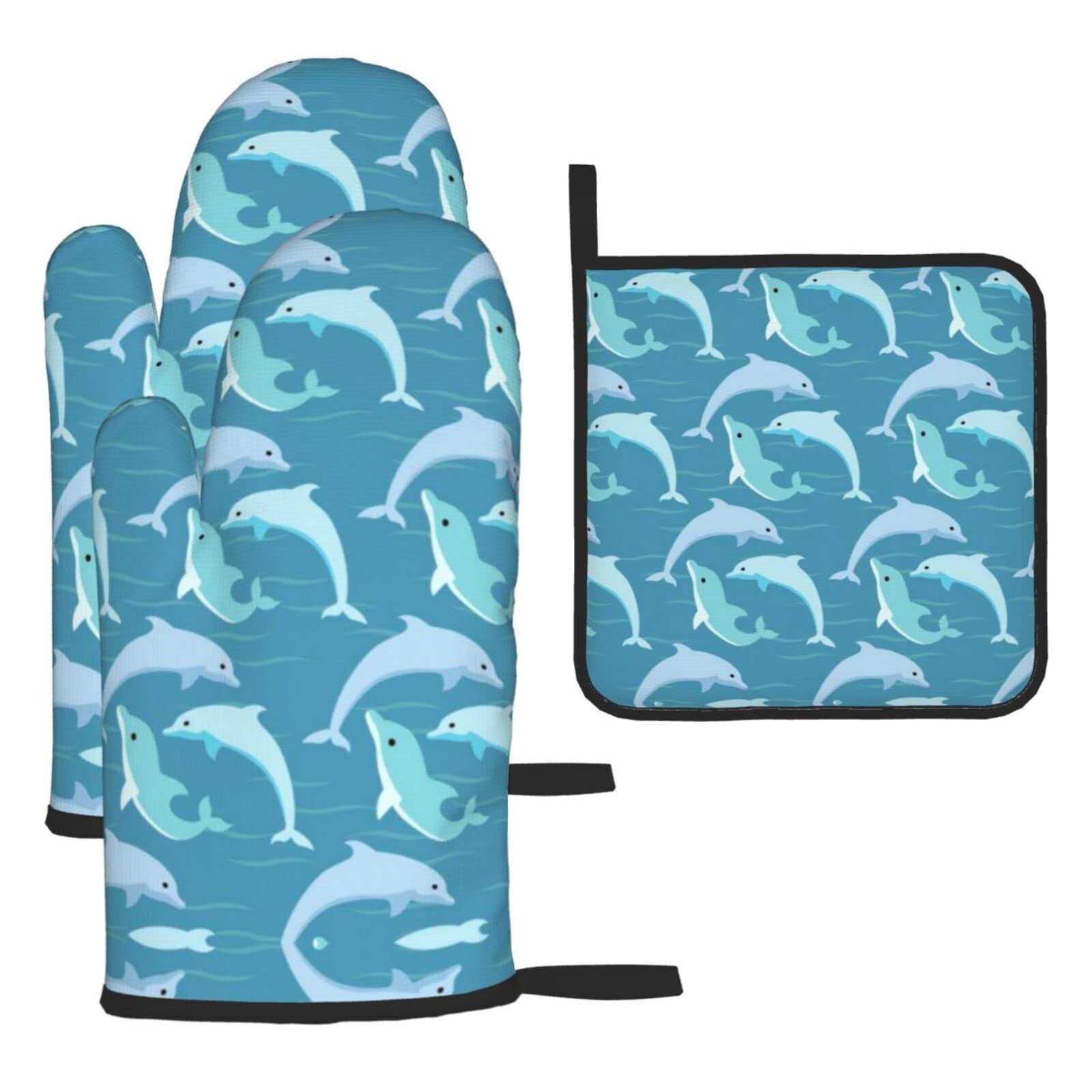 Dolphin Oven Mitts and Pot Holder Kitchen Set for Grilling, Cooking, Baking, Heat Resistant
