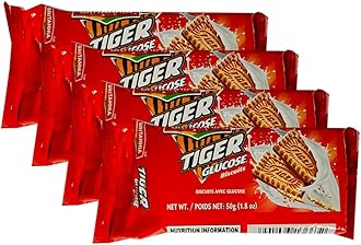 Tiger Glucose Biscuits Family Pack 1.76oz (50g) - Healthy & Delicious - Kids Breakfast & Tea Time Snacks (Pack of 4)