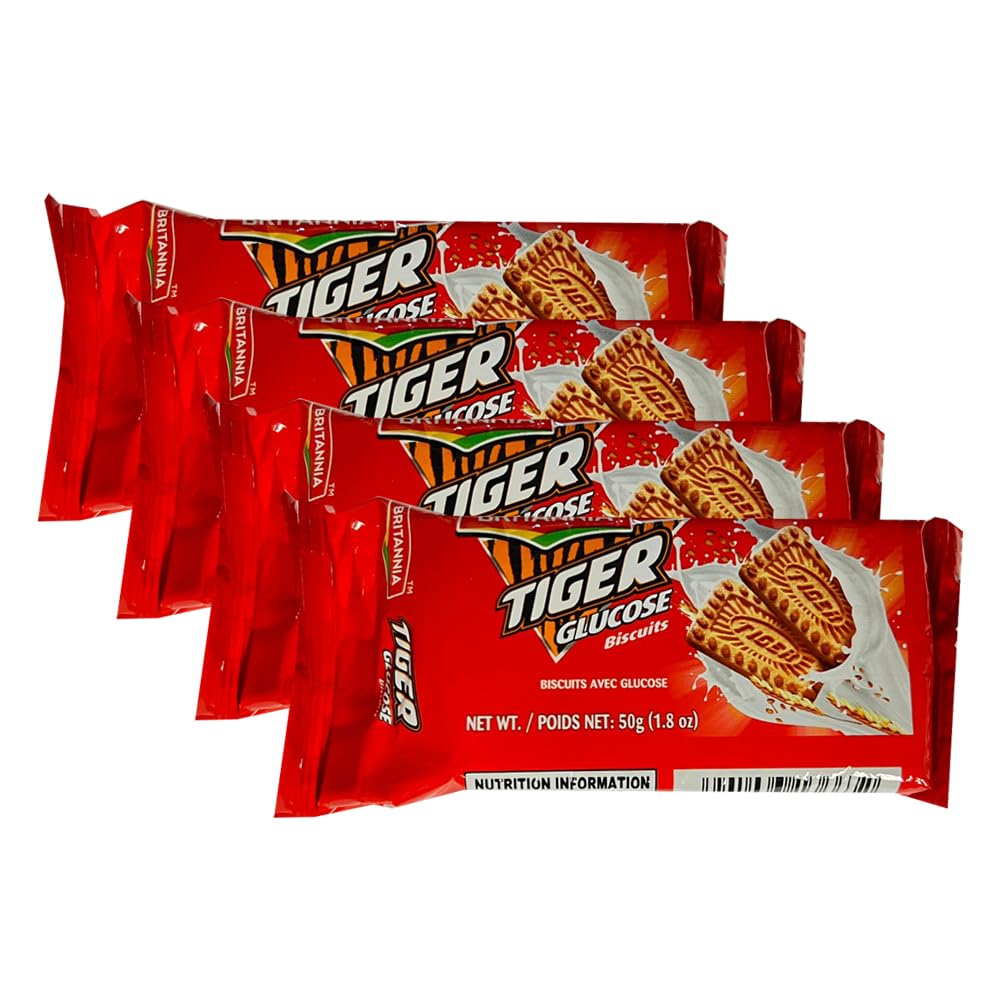 Britannia Tiger Glucose Biscuits Family Pack 1.76oz (50g) - Healthy & Delicious - Kids Breakfast & Tea Time Snacks (Pack of 4)