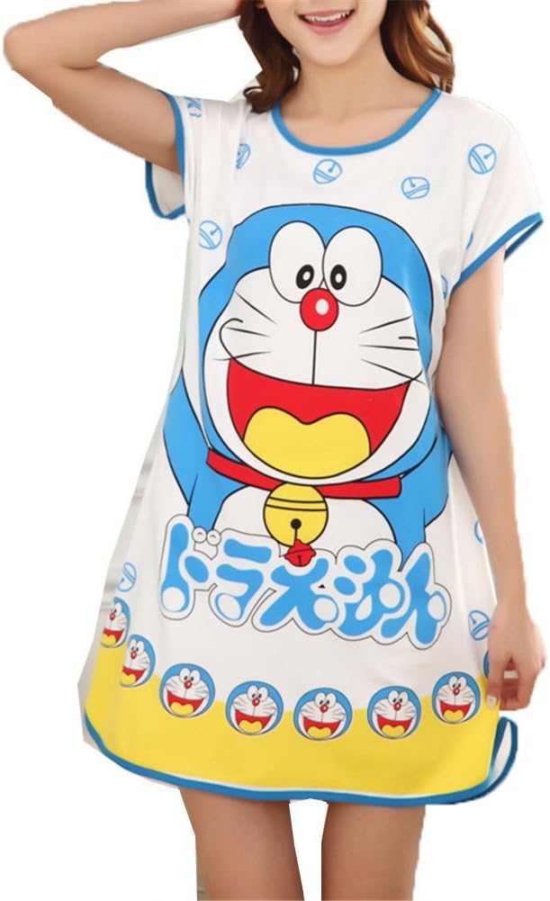 Women's Cartoon Doraemon Nightshirts Cotton Chemises Slip Sleepwear