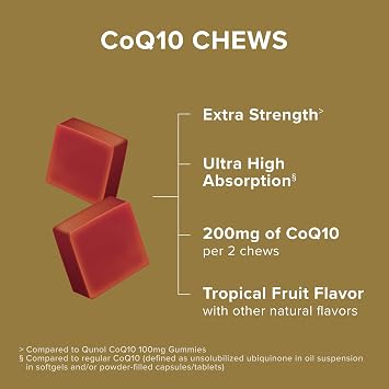 Qunol CoQ10 200mg Soft Chews, Extra Strength, Ultra High Absorption, 90ct | #1 Cardiologist Recommended Supplement for Heart Health, Coenzyme Q10 Supplement to support Vascular Health & Cellular Energy