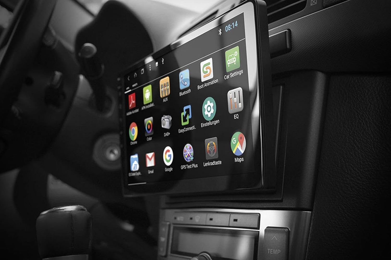 ESX VN1015-MA-DAB-1DIN screen displaying various Android application icons in a car dashboard.
