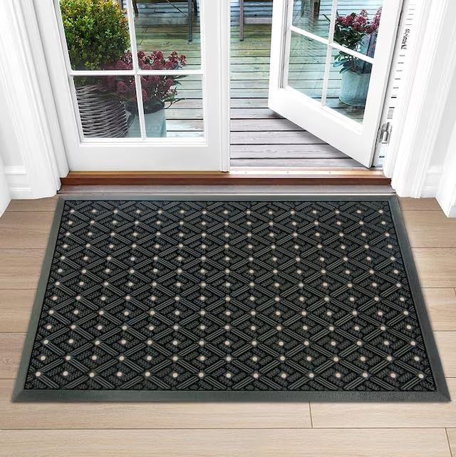 Rubber Outdoor Mat with Drainage Holes, Dirt Scraper,Black Rubber Rectangular 2-ft x 3-ft, 100% Durable, for Home, Kitchen, Restaurant, Gym