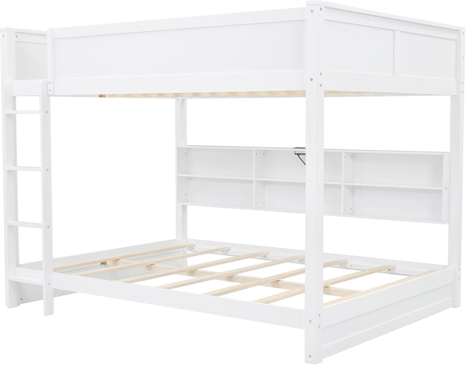 Queen Over Queen Bunk Bed with Storage and USB Ports,Wooden Bunker Bed Frame and Underneath Bookshelf,No Box Spring Needed,Kids,Adults-White