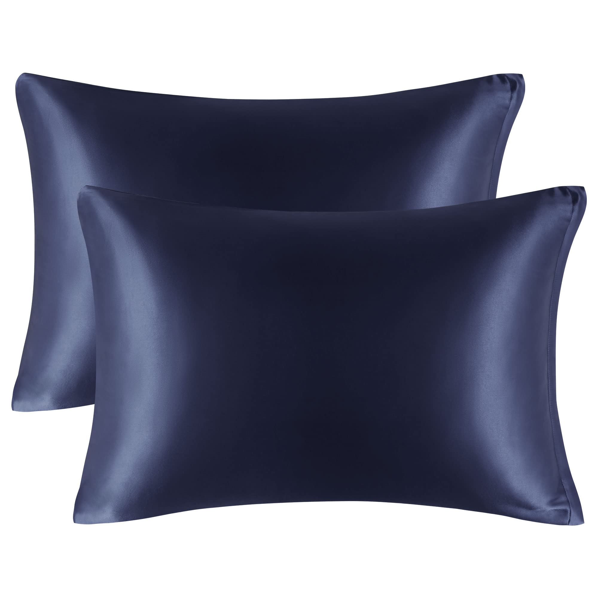 PiccoCasa Satin Pillow Cases 2 Pack, Satin Silk Pillowcase for Hair and Skin with Zipper Closure Soft Pillow Cases Cover Set Navy 50 x 90cm