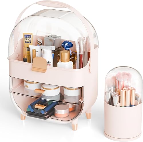 Miniatura 7 de Yieach Organizador de maquillaje de encimera para tocador, organizador de cuidado de la piel de gran capacidad con cajones y soporte para brochas de