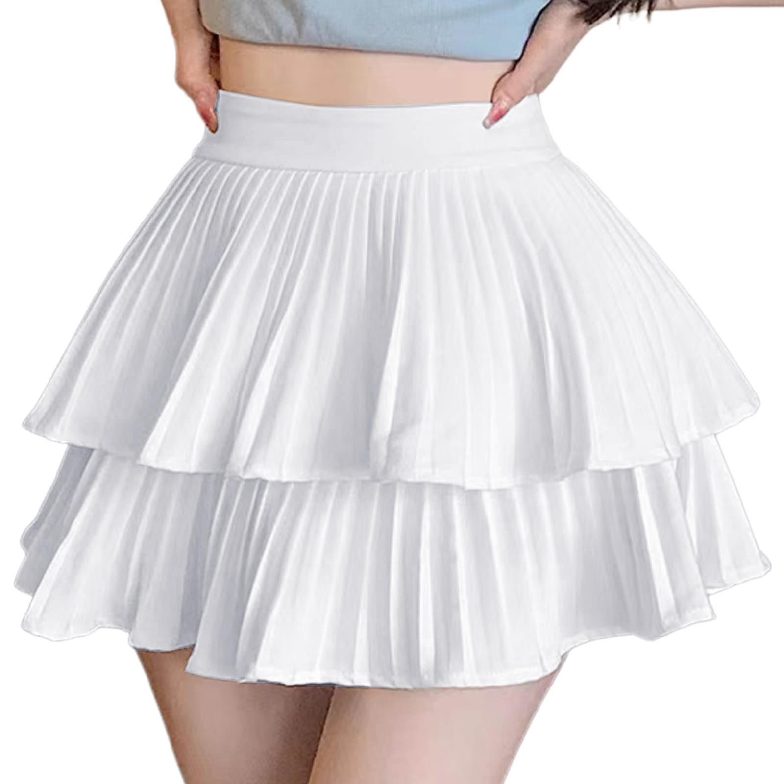 Womens Spring Summer Casual High Waist Pleated Cake Mini Skirt Elastic Waist Layering Trendy Solid Short Skirts