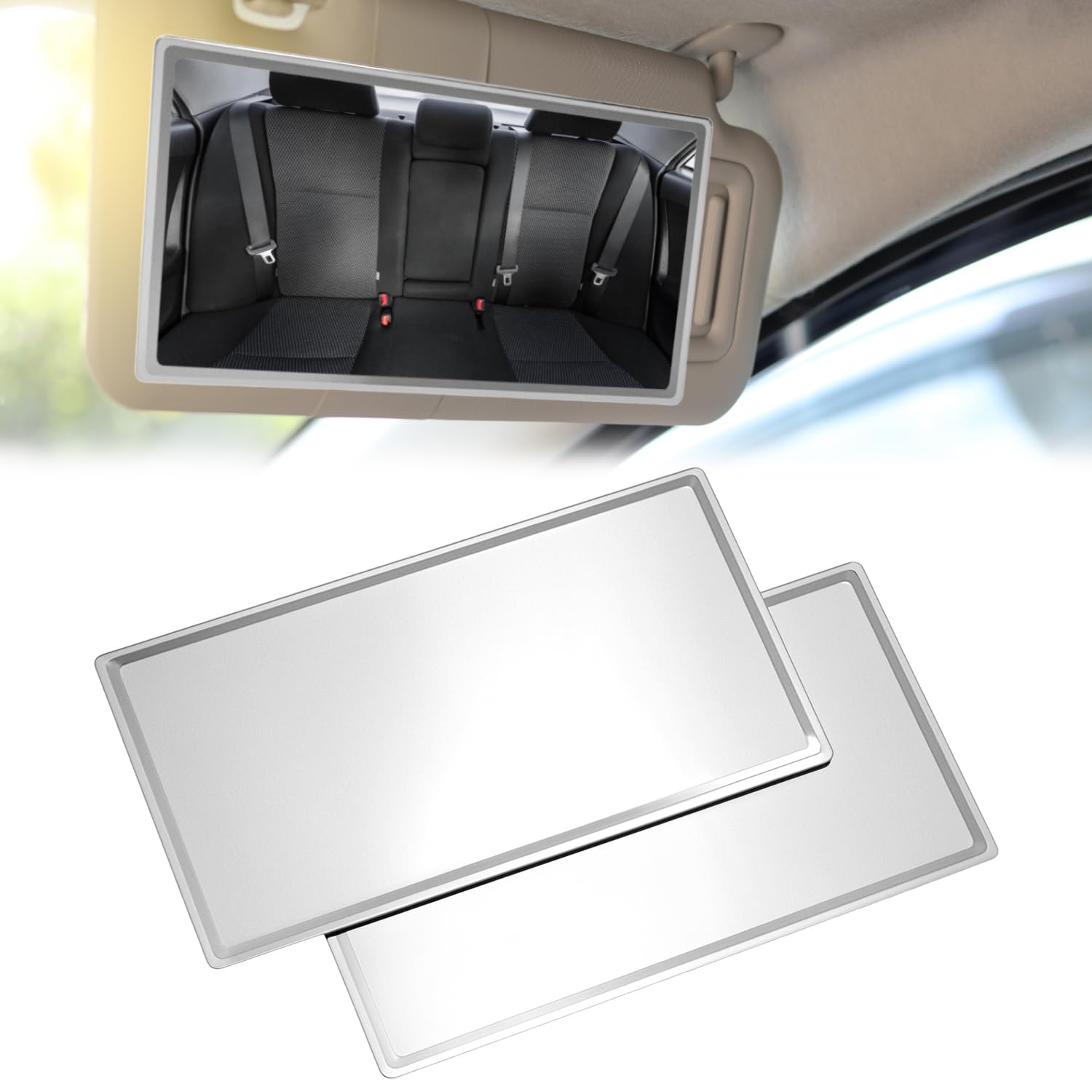QWORK® 2 sztuki przyklejanych lusterek 8 x 15 cm do osłony przeciwsłonecznej samochodu – Nietłukące się lusterko do makijażu ze stali nierdzewnej do Twojego pojazdu