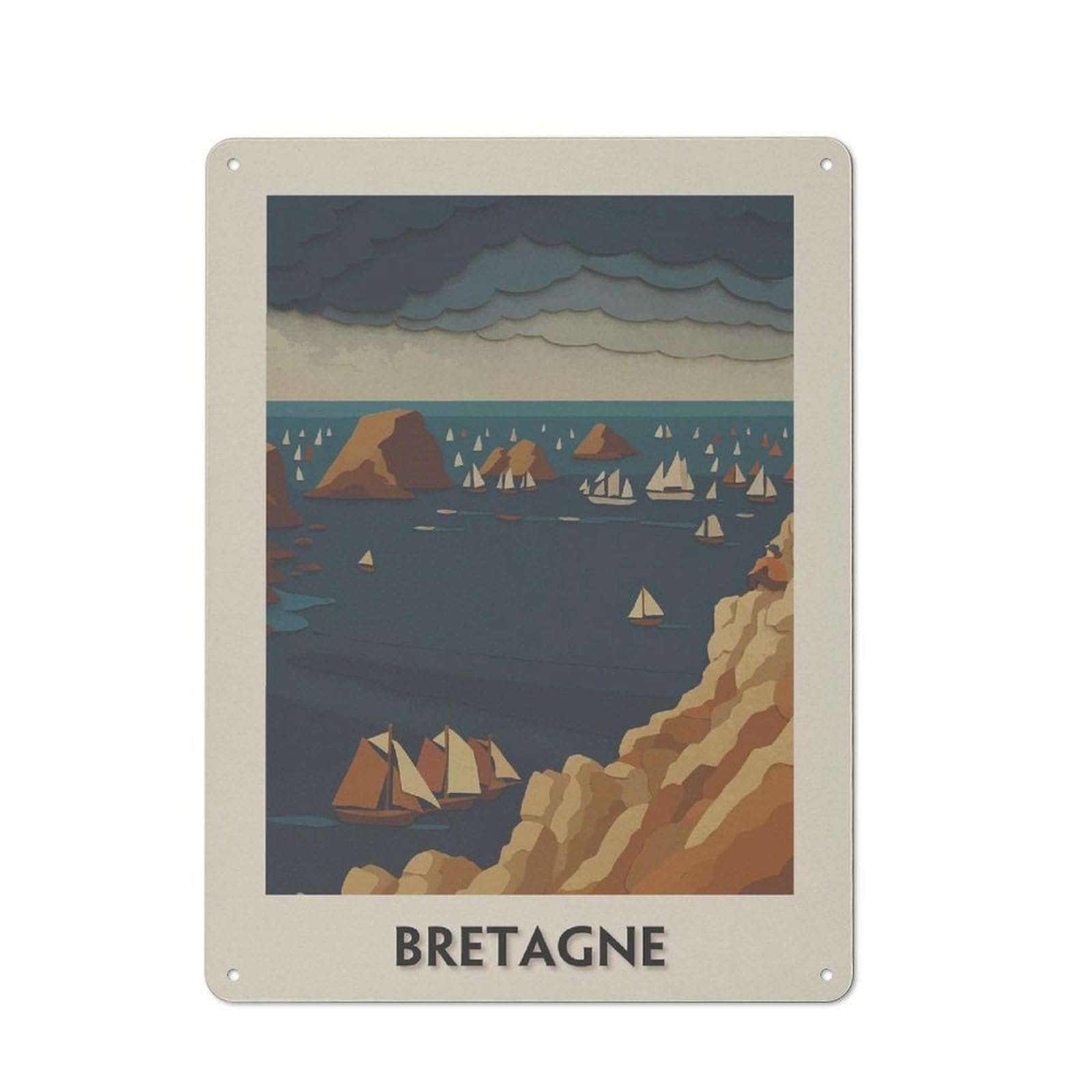 Junmoney Style-5 Tin Wall Plaque 40X30cm With Bretagne Coastal Sailing Scene For Garage Wall, For People Furnishing A Garage, For Retro Home Interiors