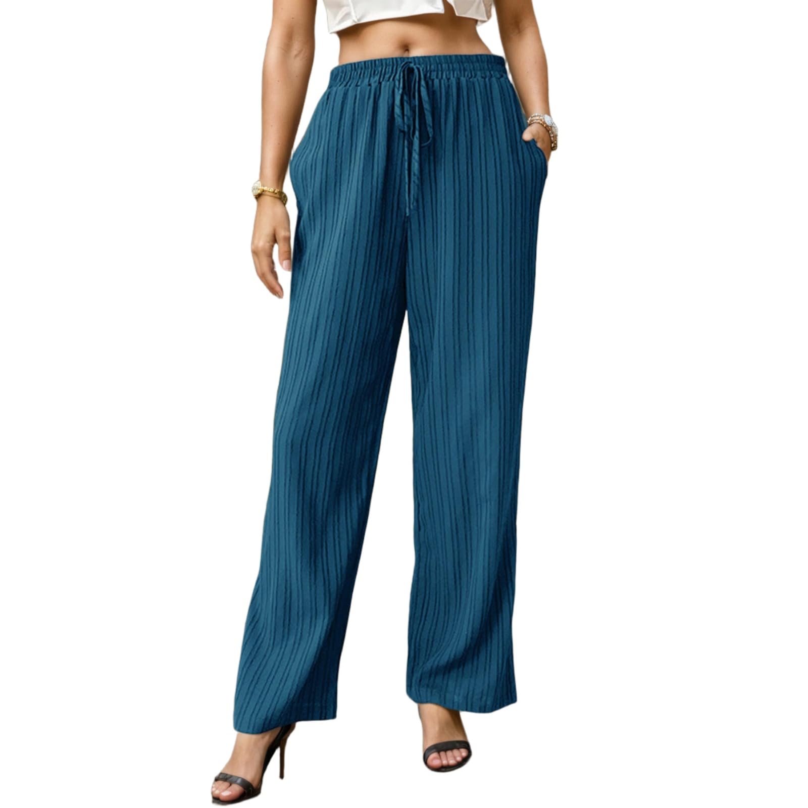 Casual Loose Palazzo Pants for Women Summer Wide Leg Pants Elastic High Waist Drawstring Trousers with Pockets Blue