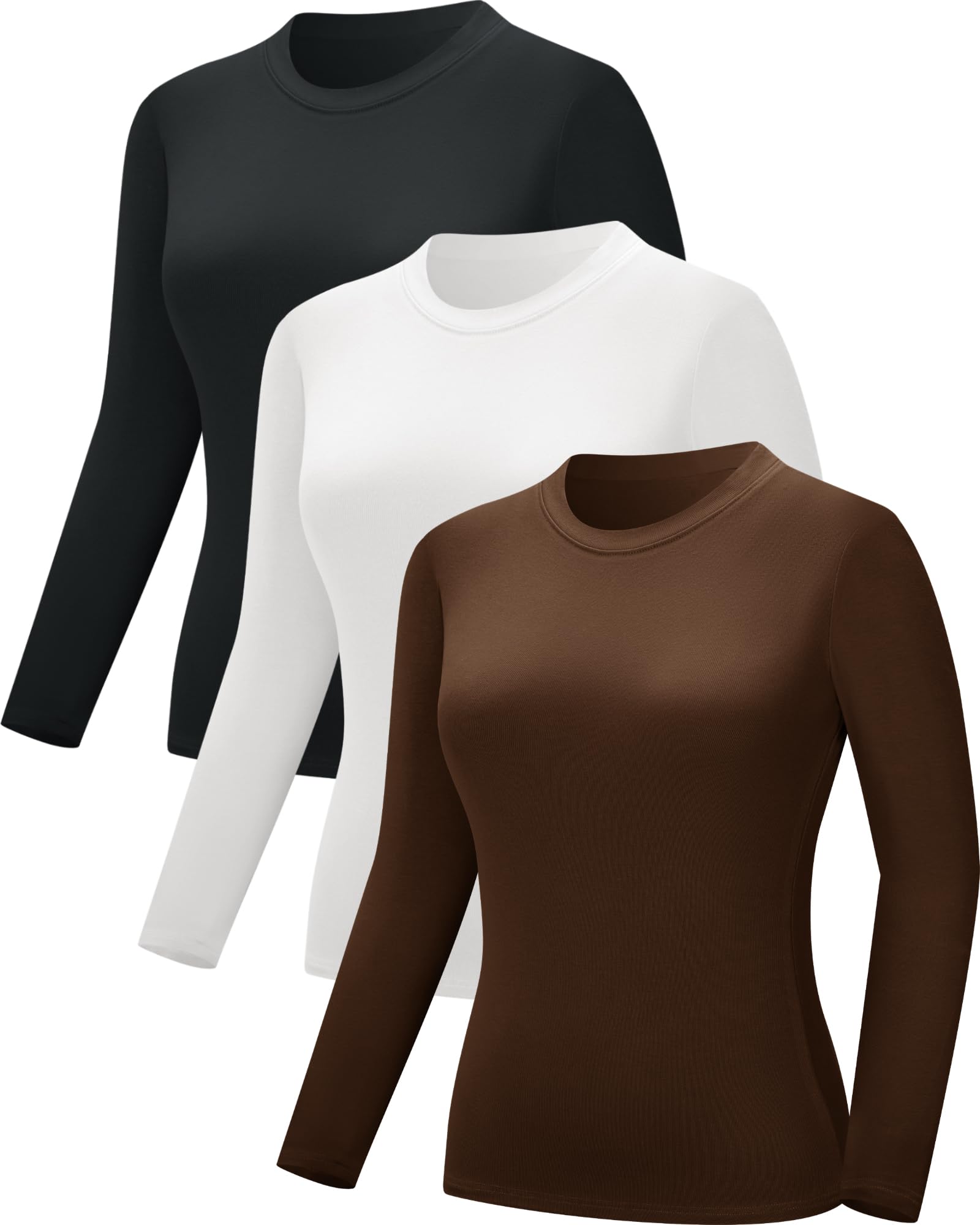 Paquete de 3 camisetas térmicas para mujer, camisetas de manga larga para mujer, cuello redondo, ropa interior térmica acanalada, ajustada, camiseta básica sin botones