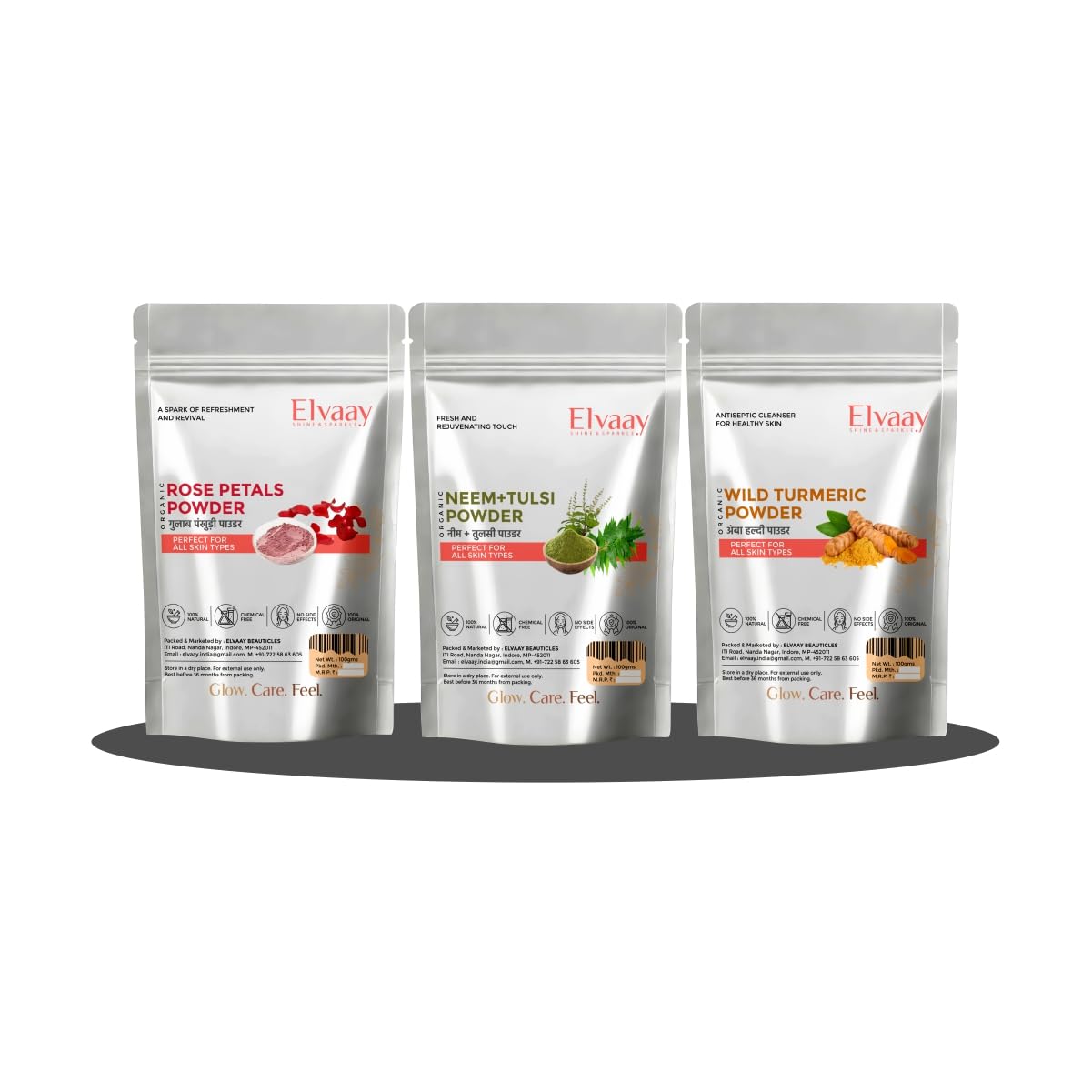 Elvaay Rose Petals, Neem Tulsi & Wild Turmeric Powder, Trio Pack, 100g each, Ayurvedic Body Scrub for Glowing Skin-image-9