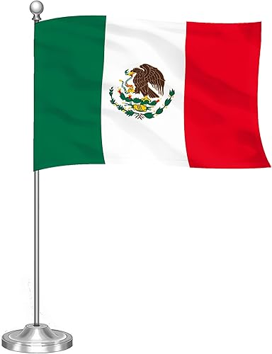 G128 Juego de banderas de escritorio mexicano mexicano de lujo, 8.5 x 5.5 pulgadas, poliéster 300D impreso, con cúpula y base plateadas, poste de