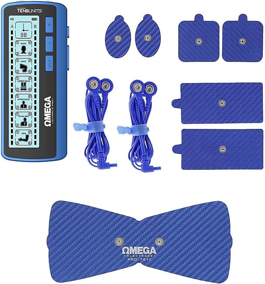 OMEGA Ultimate TENS Unit Muscle Stimulator Combo Unit, 24 Modes for Pain and Muscle Relief, Rechargeable Pulse Massager with Electrodes Pads