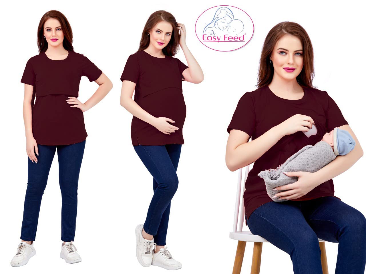 Easy Feed Women's Cotton Maternity Feeding Tops | Nursing Tops for Feeding Baby | Half Sleeve T-Shirt for Pregnant Women Post PregnancyMaroon(2XL) - Image 4 thumbnail