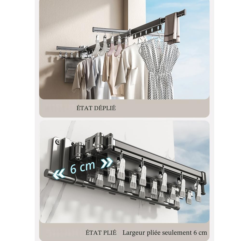 Séchoir à linge mural rétractable avec crochets, rotatif à 360 °, pour balcon, buanderie, salle de bain, gris anthracite
