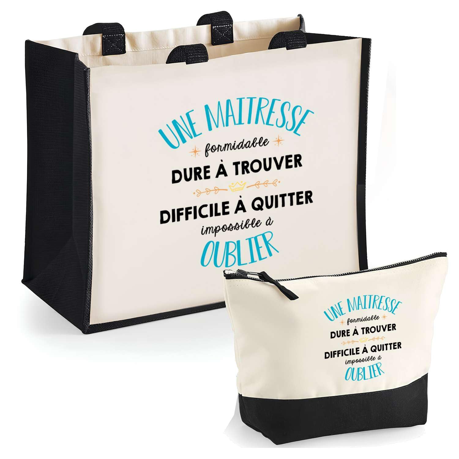 Duo Trousse et Cabas Jute Noir Une Maitresse Formidable | Sac de Courses Pochette Maquillage Cadeau Fin d'années Ecole