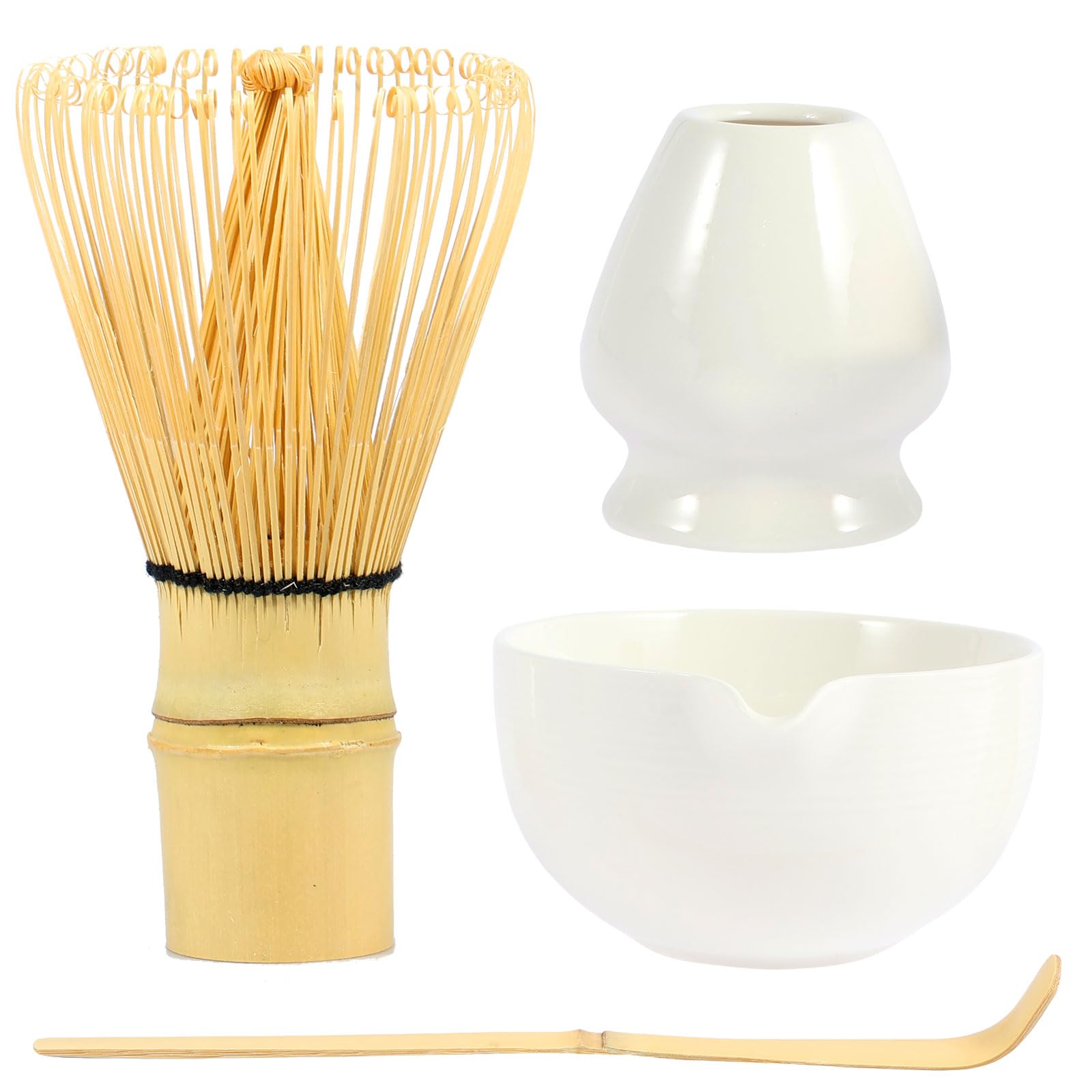 4Pcs Matcha Whisk Set Matcha Accessory with Ceramic Matcha Whisk Holder 500ml Ceramic Bowl with Pouring Spout Bamboo Matcha Whisk Bamboo Matcha Scoop Traditional Japanese Matcha Stirrer(White)