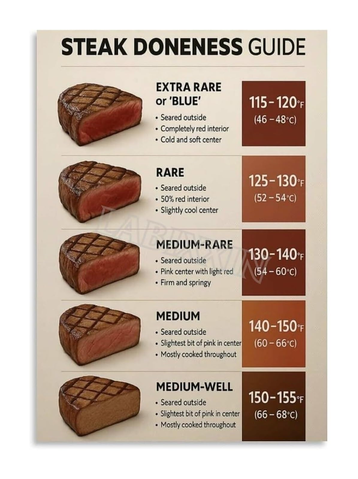 XGINERFEX Steak Doneness and Temperature Guide Chart Ultimate Reference for Grilling and Cooking Kitchen Wall-Art(Unframed,08x12inch(20x30cm))