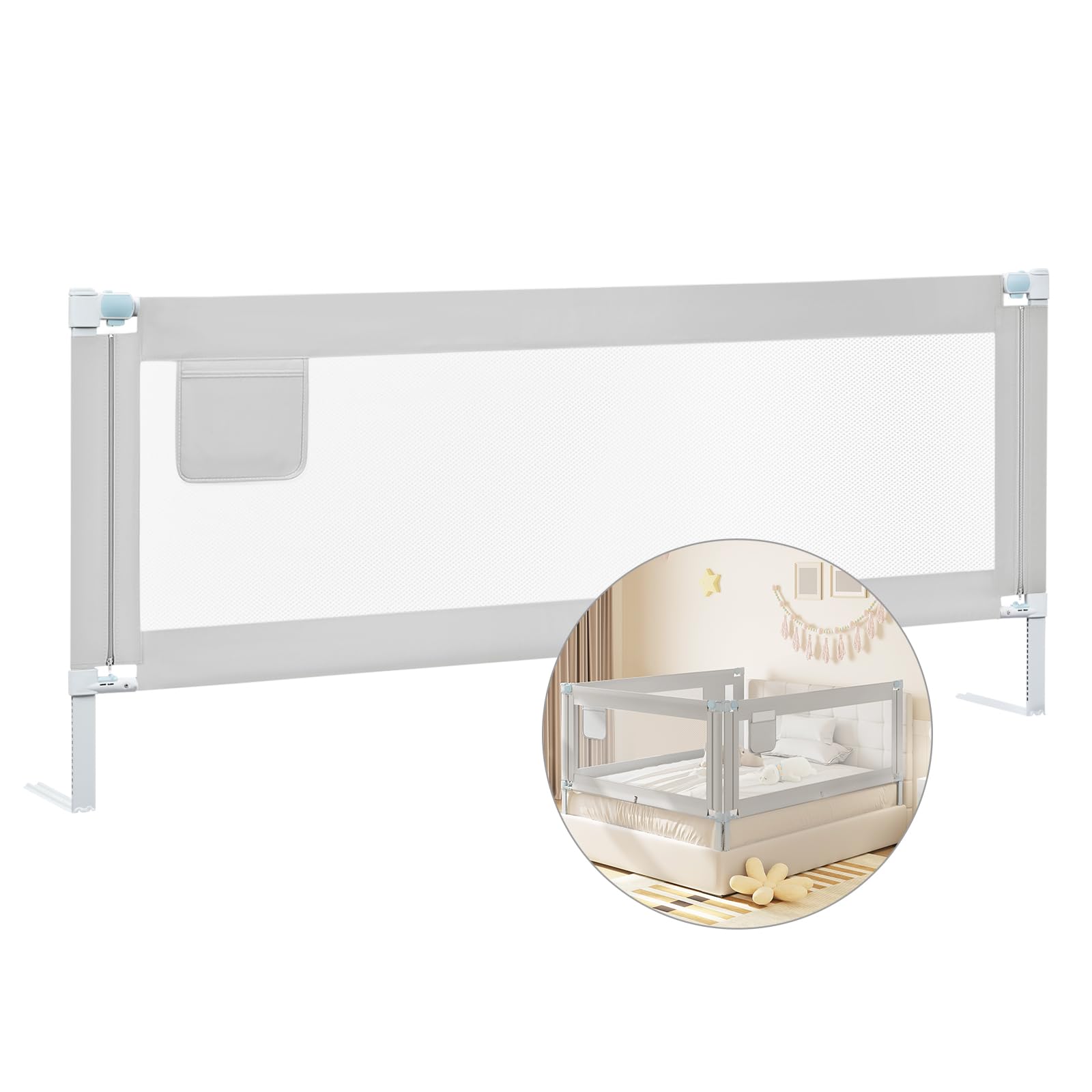 WOLTU Bed Guard,Bed Rail for Toddlers,Baby Bed Guard for Singe Bed Safety Rail Height Adjustable 69-87cm Portable Bed Barrier for Children,Removable Cover,Metal Frame,180cm Wide,Light Grey