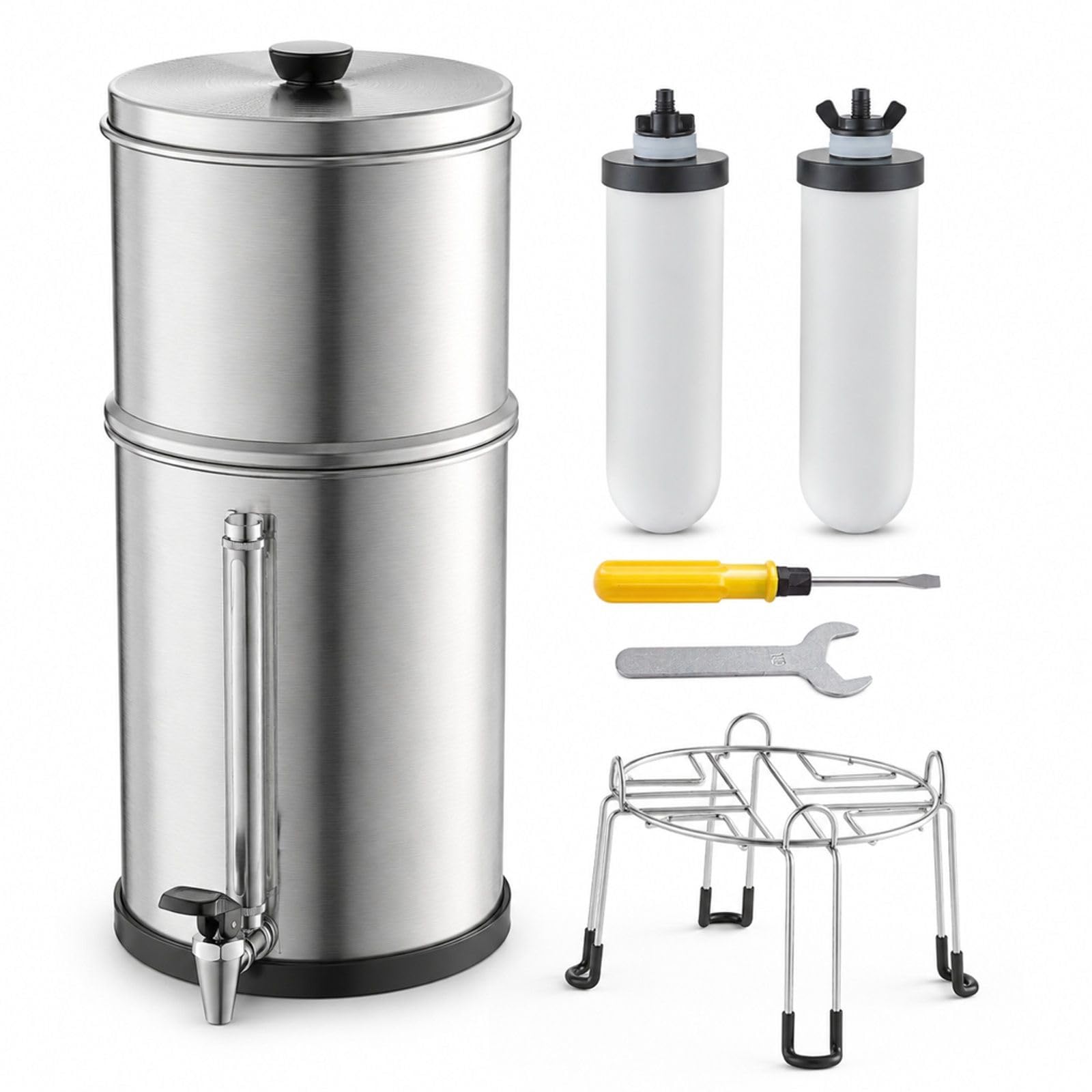 Schwerkraft-Wasserfiltersystem aus Edelstahl, 8,5 L, Silber, mit 2 Filtern, für den Haushalt