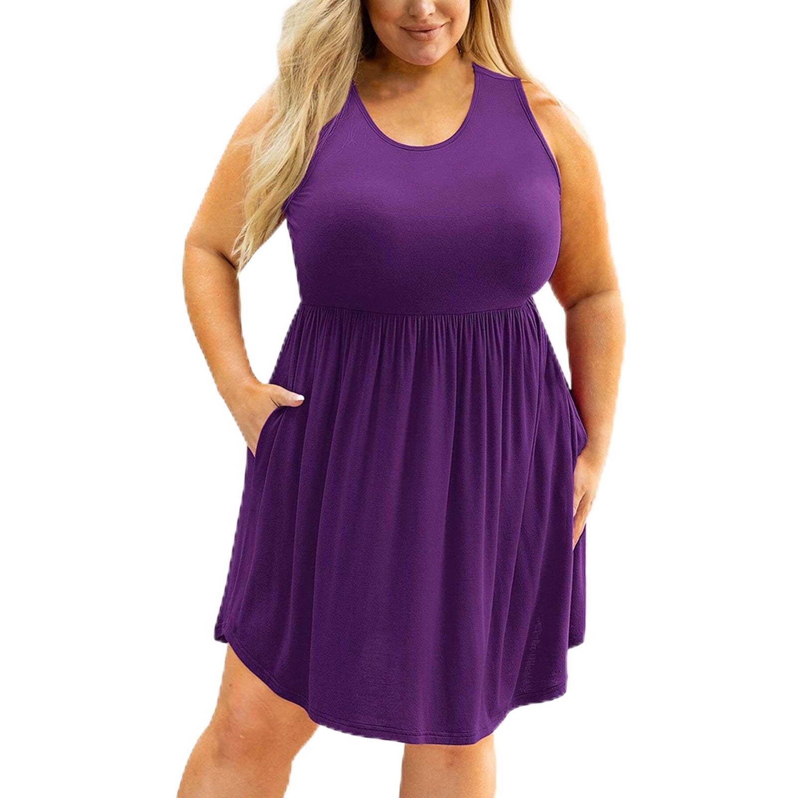 NUSGEAR Vestidos Corto Mujer 2024 Casual Fiesta Vestido Talla Grande Verano Color sólido Moda Vestidos sin Manga Cuello Redondo Basic Suelto Elegante Vestidos de Noche Algodón Bolsillos Playa XL-5XL