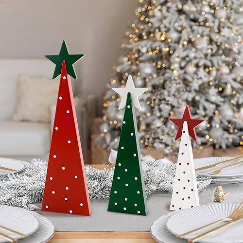 Miniatura 6 de Decoraciones de Navidad para interiores, decoración de Navidad - 3 piezas de señales de árbol de Navidad de madera con estrellas para el hogar,