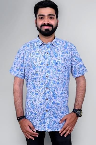 Men Regular Fit Cotton Printed Button Down Collor Casual Shirt Blue