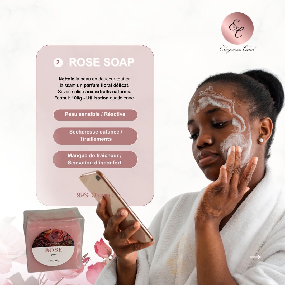 Cofanetto per la cura del viso biologico alla rosa, 6 prodotti, siero 30 ml, sapone 100 g, tonico, schiuma detergente, crema e maschera di argilla
