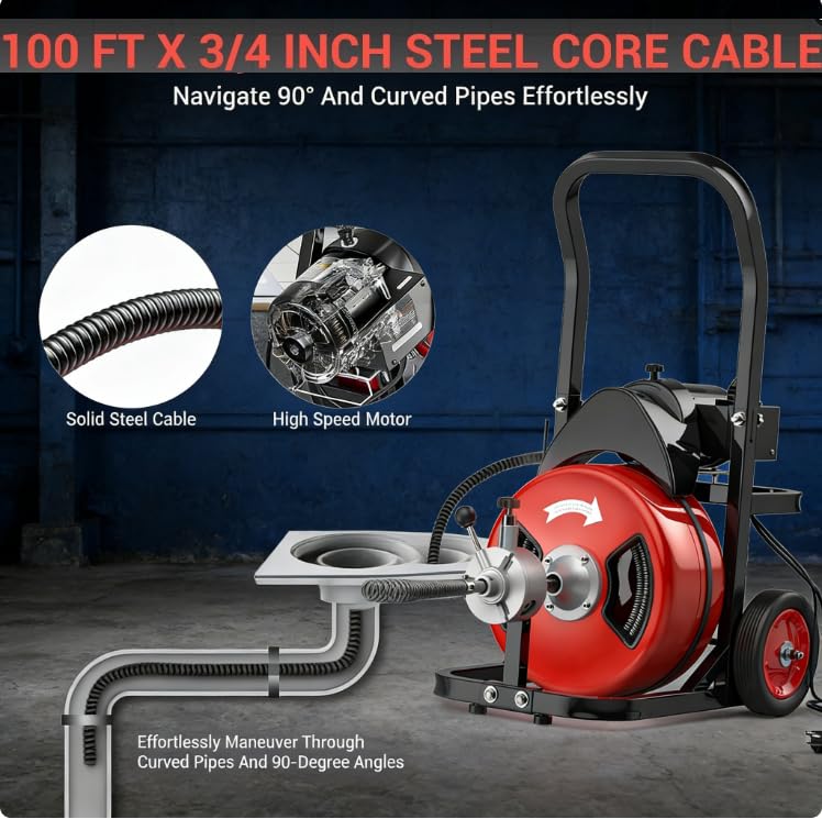 Image of Garvee 100Ft 3 /4 Inch Drain Cleaning Machine. Sewer Snake 750w Auto Feed with 6 Cutter, Portable Drain Cleaning Machine Electric Drain Auger Sewer Auger Air-Activated Foot Switch for 4 inch to 8 inch Pipes