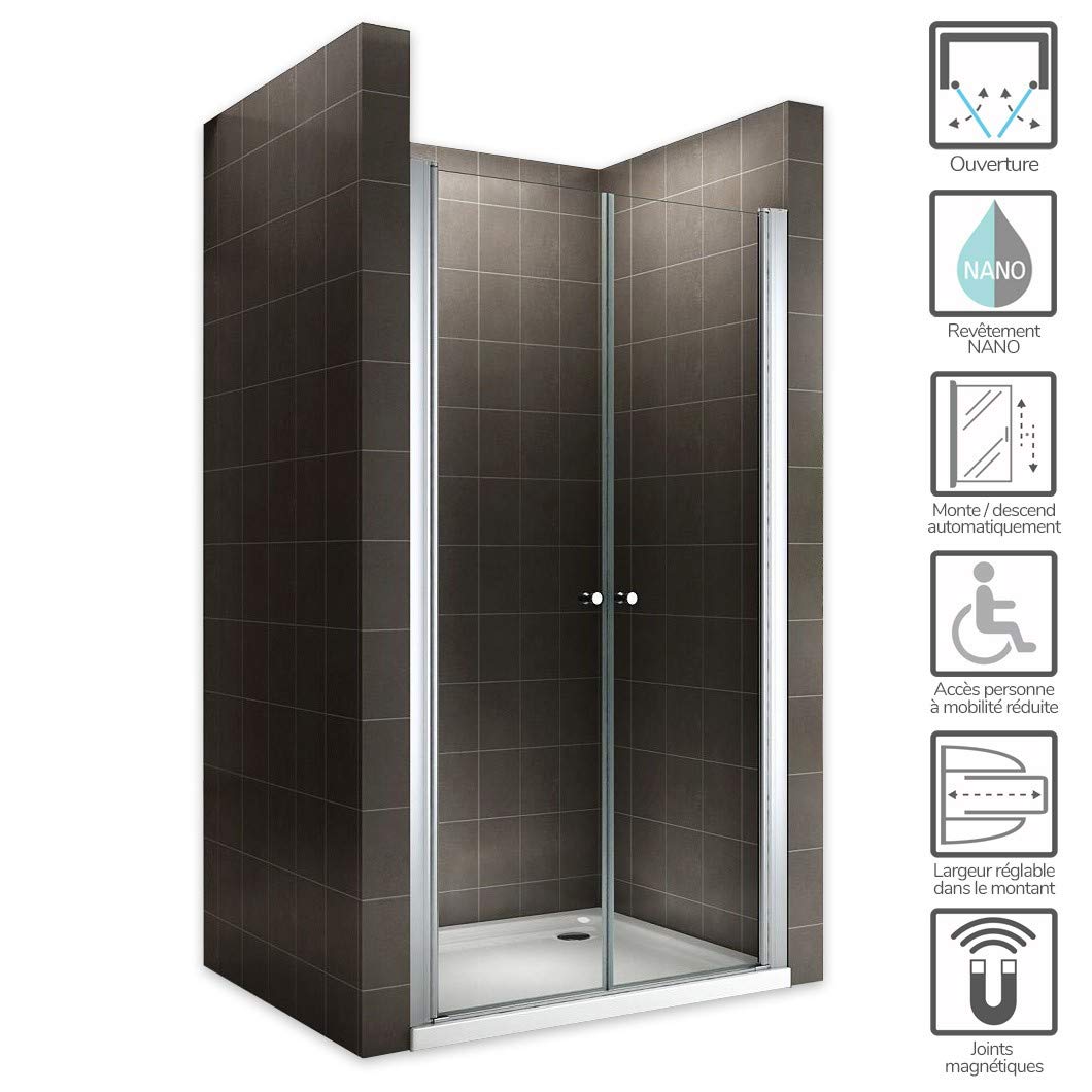 GINA Porte de douche H 195 cm largeur réglable 96 à 100 cm verre transparent