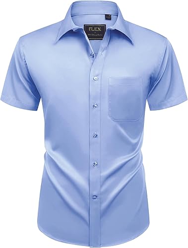 Miniatura 121 de Alimens & Gentle - Camisas de vestir con bolsillo y manga corta, de color liso y sin arrugas, estilo casual con botones, para hombres