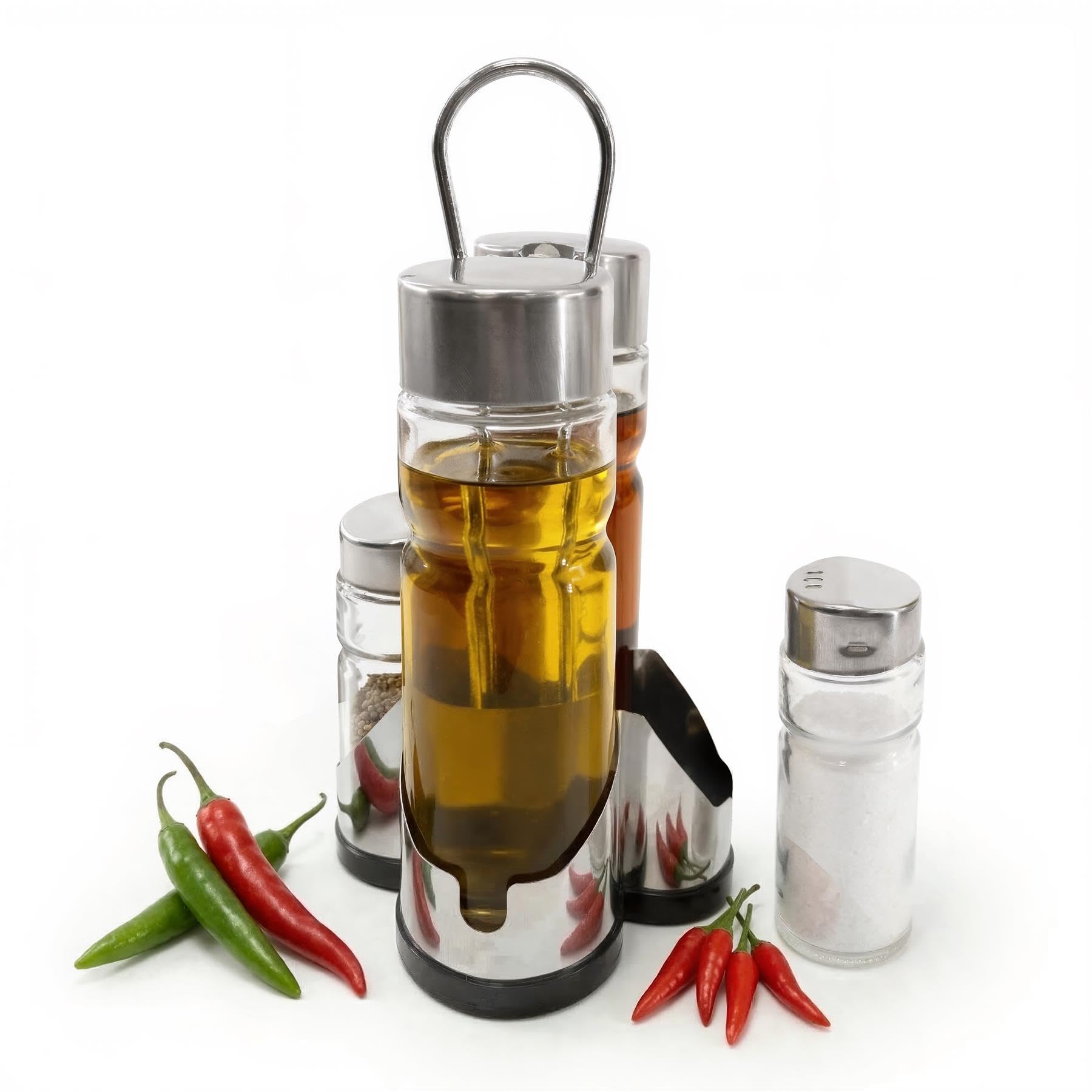 GEEZY 4 Piece Condiment Set for Table 100ml & 30ml - Elegant Glass Cruet Set, Oil Vinegar Dispensers, Salt Pepper Shakers, Stainless Steel Stand - Great for Dining, Cooking, Kitchens