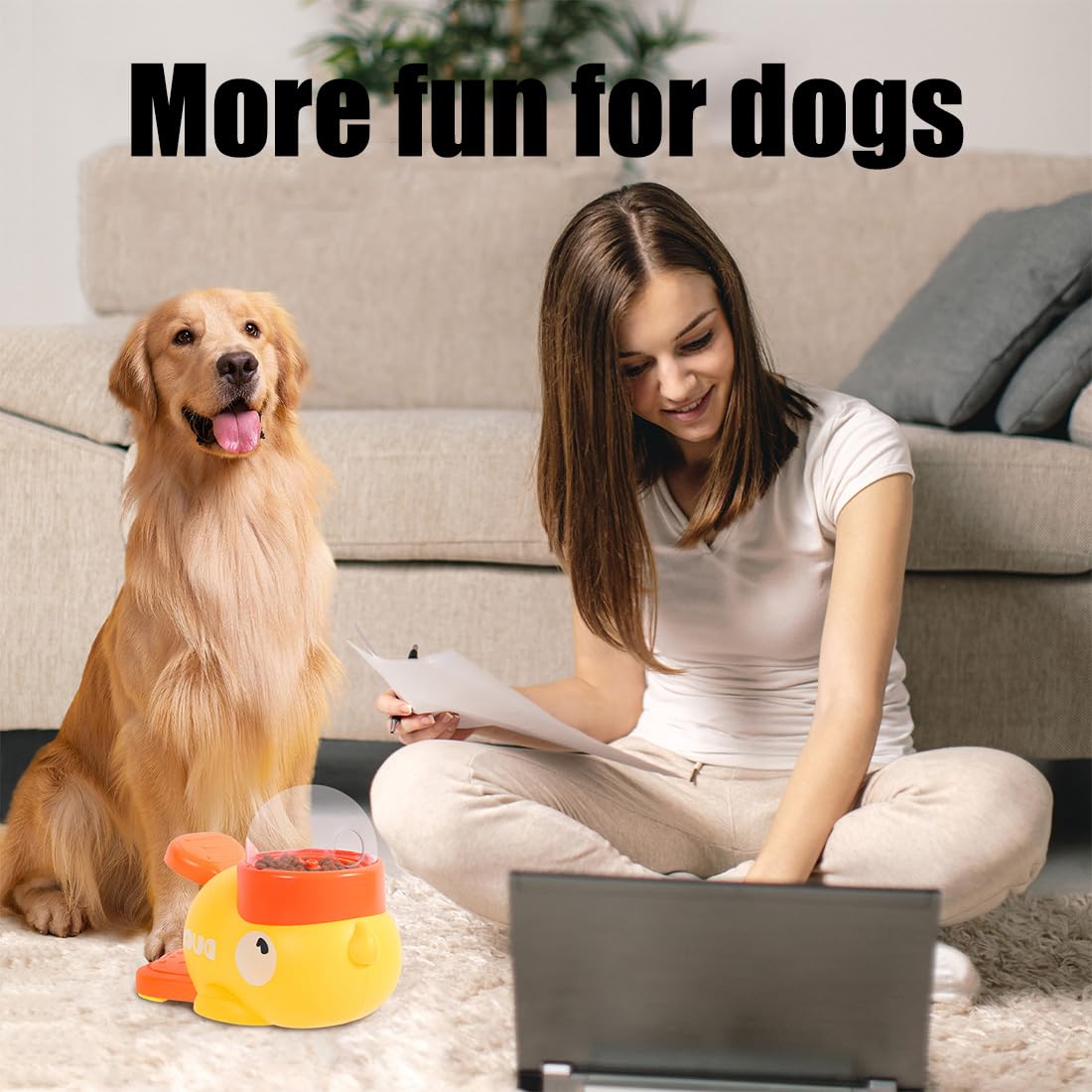Dispensador de golosinas for Gatos, máquina tragamonedas interactiva con Forma de Pato y Perro, con Tres Salidas de Comida Ajustables, Juguete de Rompecabezas de alimentación Lenta.(2Yellow)