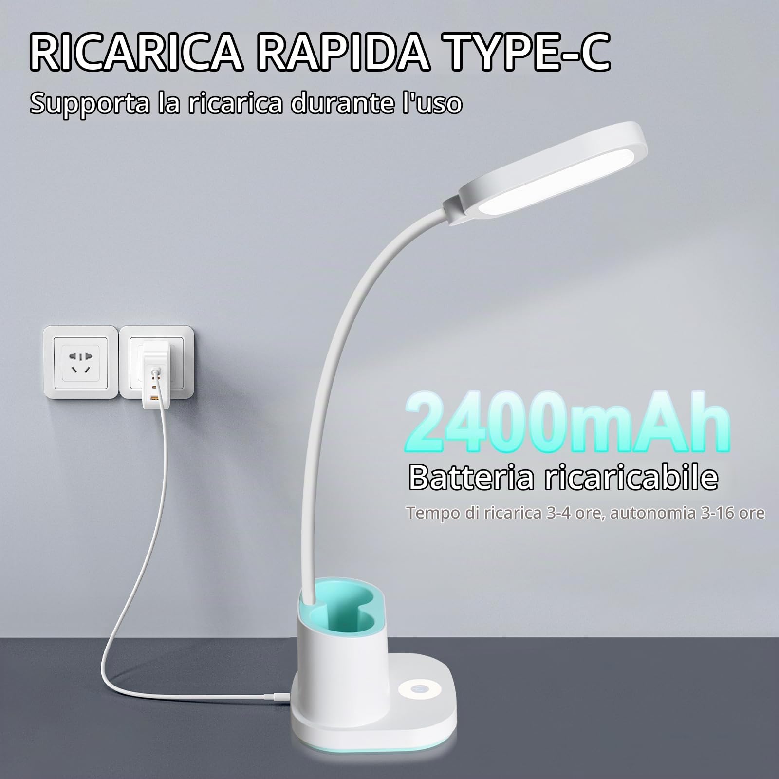 Lampada da Scrivania Ricaricabile 2400mAh, 3 Livelli Luminosità | Collo Flessibile 360°, Portapenne e Luce Notturna, Lampada da Tavolo Senza Fili per Camera da Letto, Studio, Bambini, Bianca