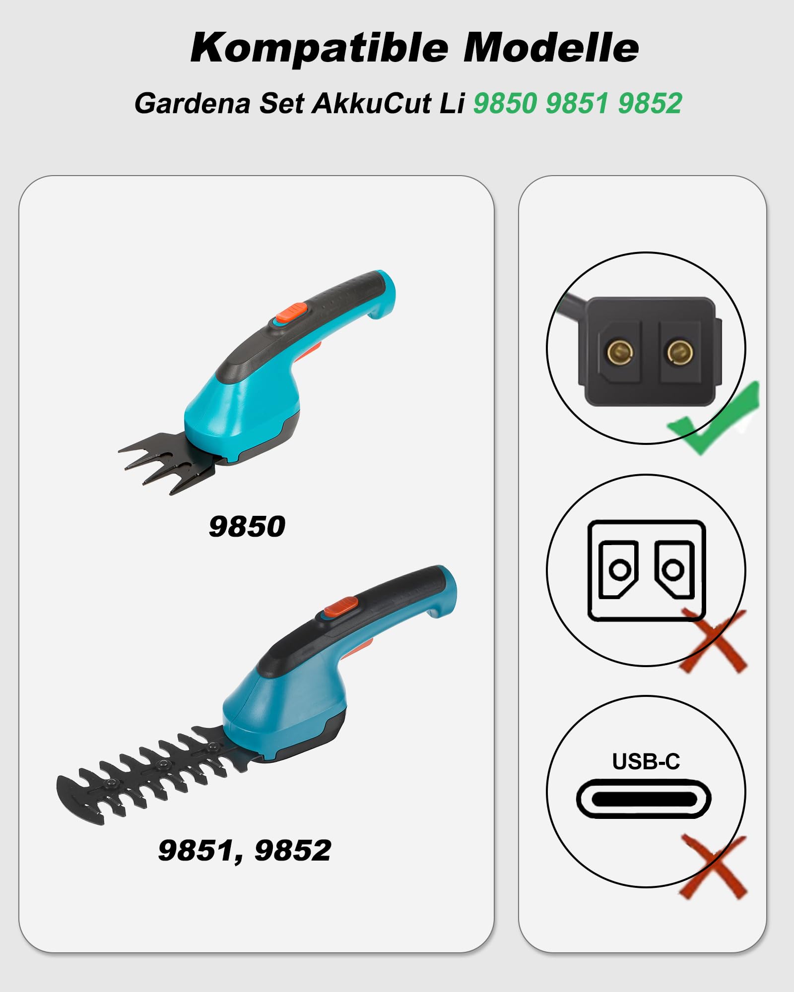 Gardena 9850-9852 akumulatorowe nożyce do trawy ComfortCut ClassicCut, ładowarka 5,5V
