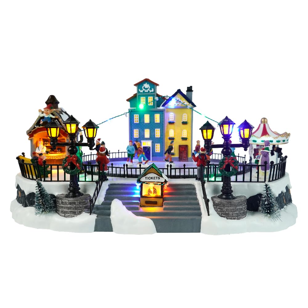 16" Skating Christmas Village - Animated Winter Snow Scene with 7 Moving Skaters, Lights, and Music - Adapter Included Christmas Decor for Home Gift