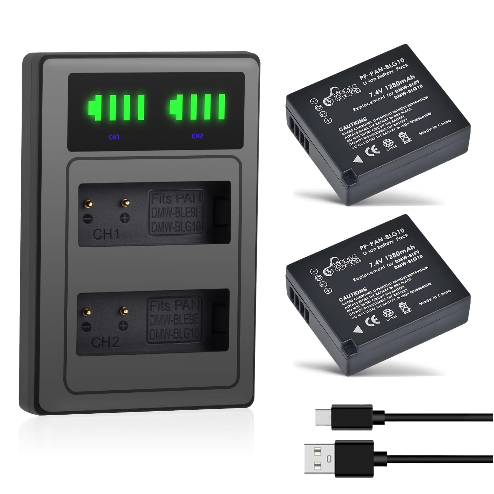 Pickle Power 2x1280mAh DMW-BLG10 DMW-BLE9E Batería + Cargador Doble para Panasonic Lumix DMC-ZS60/ZS80/ZS100/DMC-GF6/DMC-GX7/DMC-GX9/DMC-GX85/ DMC-GF3/DMC-GF5/DMC-GF6/DMC-LX100/LX100M2