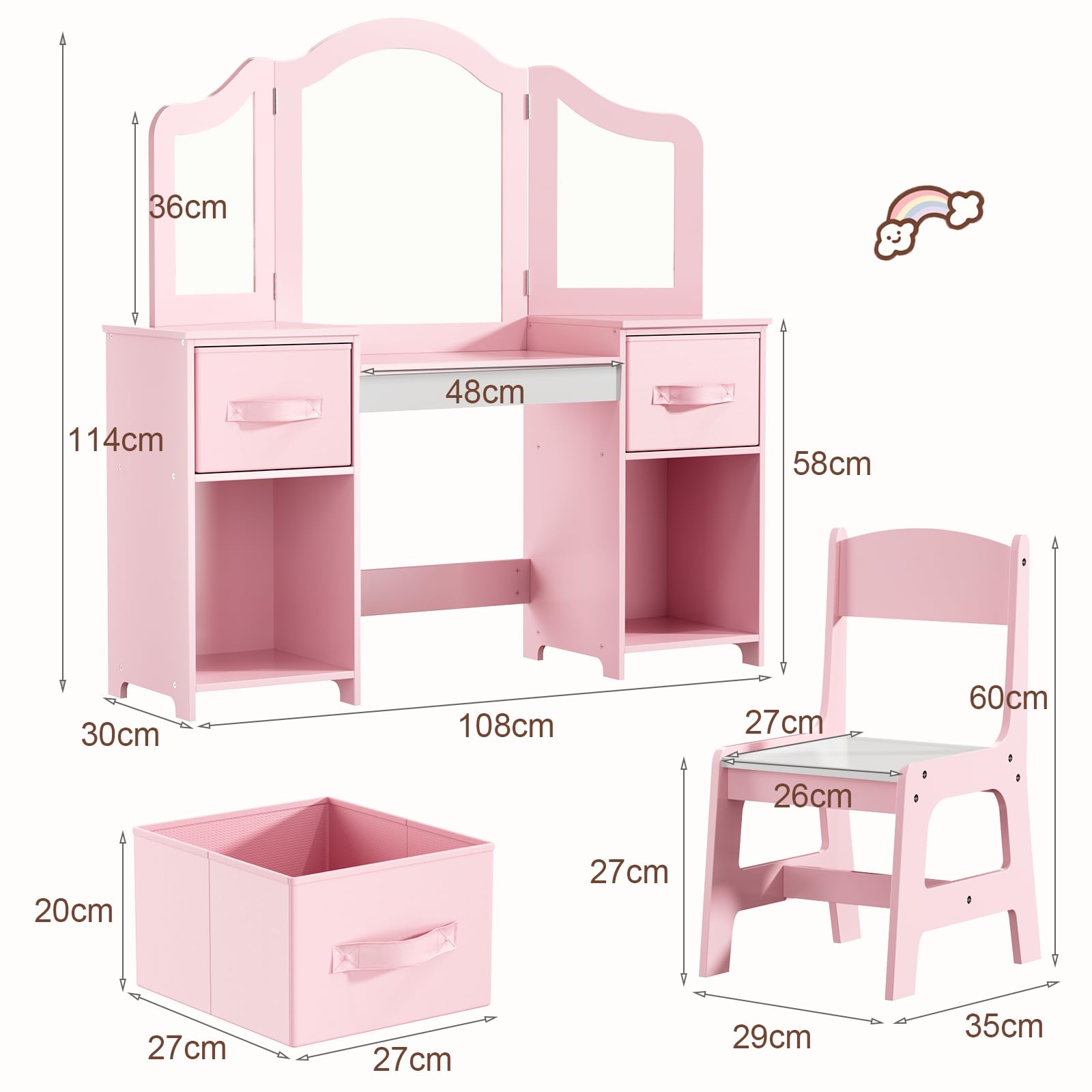 Clevich Toeletta per Bambini in Legno, Con Specchio Staccabile, Cassetti in Tessuto e Sedia, Scrivania per Bambini Robusta, Toeletta Trucco 2 in 1 per Bambina per 3 Anni, 108x30x114 cm (Rosa-Bianco)