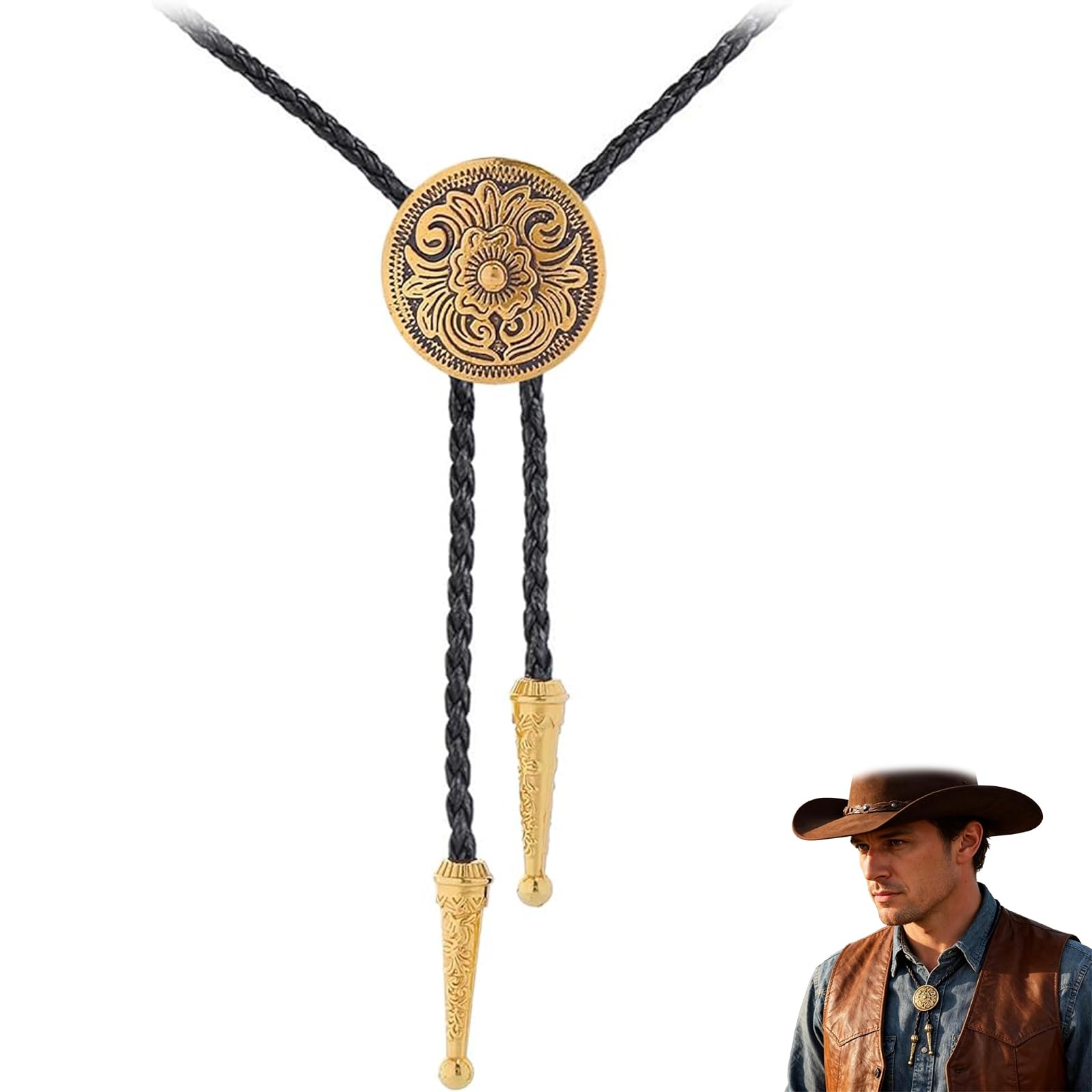 Cowboy Bolo Tie Retro Cowboy Necklace for Men Women Vintage Rodeo Leather Cord Necktie Western Style Bolo Tie with Metal Slide Down Neckwear-image-8