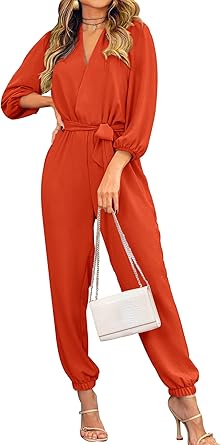 PRETTYGARDEN Women's Fall Jumpsuits Dressy Casual Pants Romper Spring Long Sleeve V Neck Belt Pockets One Piece Outfits